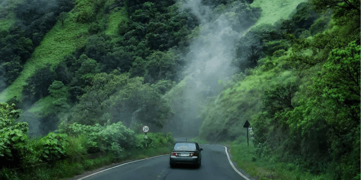 A car drives along a winding road through a lush green forest in Charmadi Ghat, showcasing vibrant post-rain vegetation.
