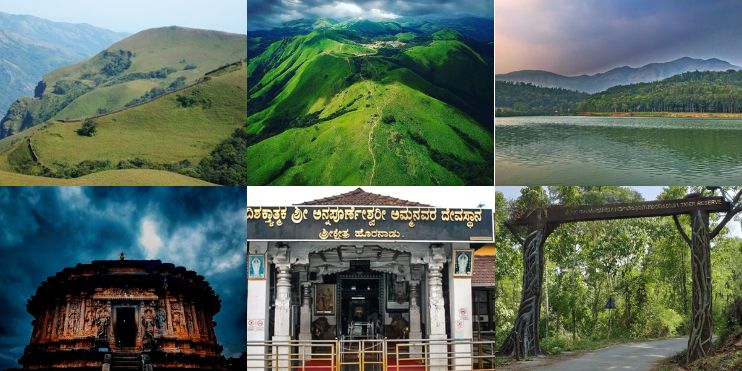 Four images showcasing scenic locations in India, including temples, lakes, and viewpoints near Angadi.