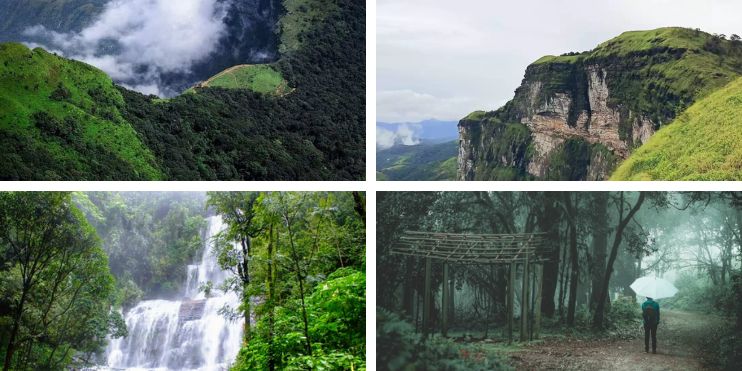 Four landscape images, including a vibrant waterfall, showcasing Rani Jhari's seasonal beauty from November to May.