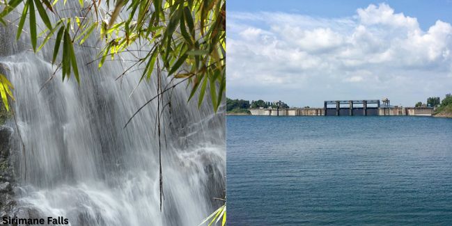 Two images showing waterfalls and a bridge, highlighting scenic spots for a weekend getaway in Balehonnur.