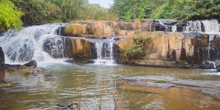 Waterfall cascading through a lush jungle, surrounded by vibrant trees and rugged rocks, showcasing nature's beauty.