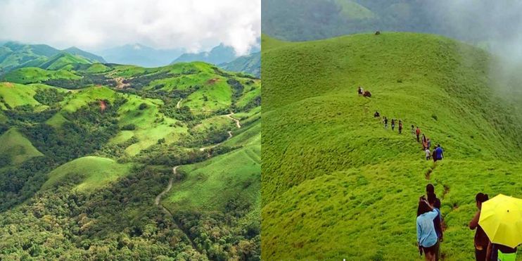 Two pictures of people hiking on a green hill, highlighting the beauty of Ettina Bhuja.