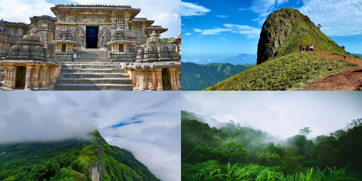 Four images showcasing various mountain types alongside temples, highlighting natural beauty and cultural heritage.