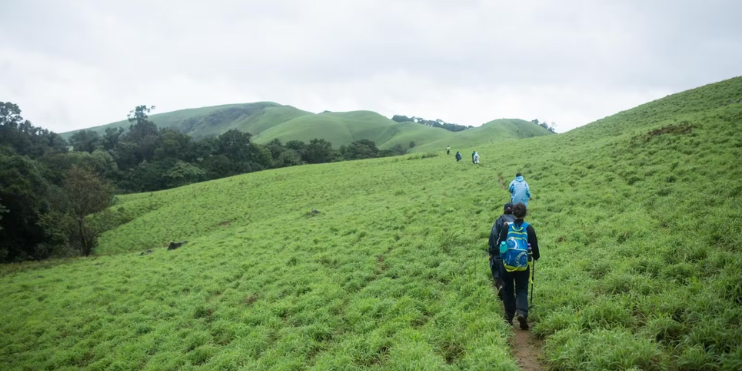 People walking up a hill in a lush green field, part of the scenic Ballalarayana Durga Fort Trek in Karnataka.