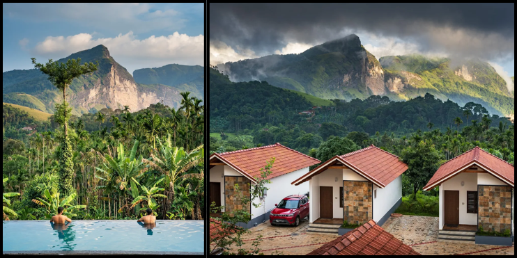Two images showing a house and a pool with mountains in the background, highlighting the serene retreat at Vanaba Hillview.