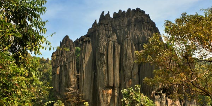 Tall black limestone rock formations rise dramatically in Yana, surrounded by dense forests and offering stunning natural beauty.