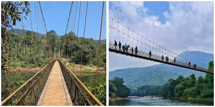 Two images of people walking across the old-fashioned Hanging Bridge in Kalasa, enjoying the view over the serene river.