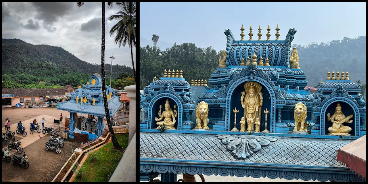 Image of Horanadu Temple and a nearby blue building, showcasing the temple's serene beauty amidst lush green hills.