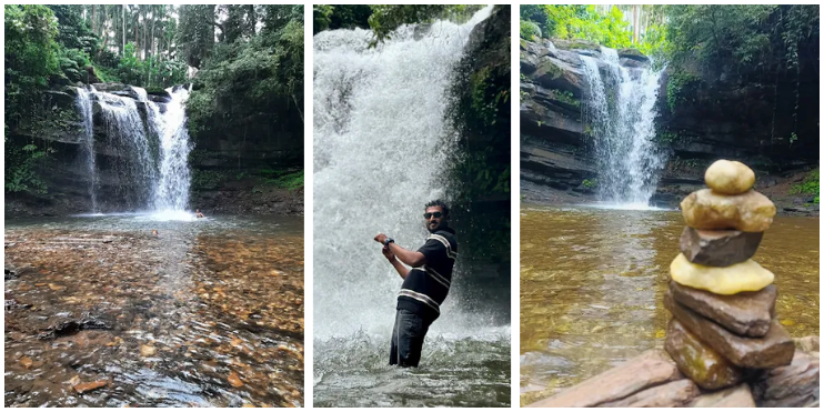 A man stands in front of Soormane Falls, showcasing the beauty of nature in three different angles.
