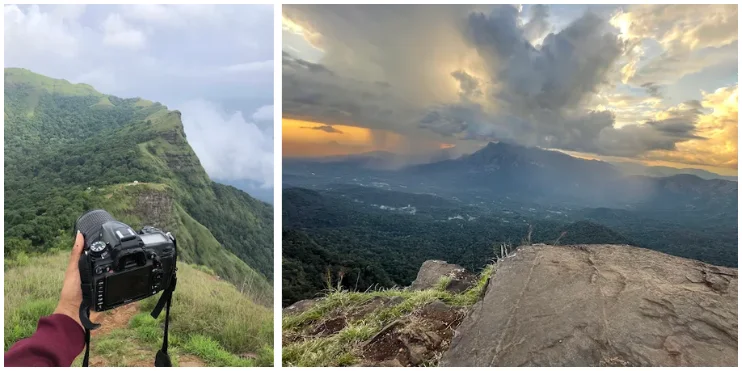 Two images of mountains with a camera, showcasing the scenic beauty of Rani Jhari View Point, ideal for photography.